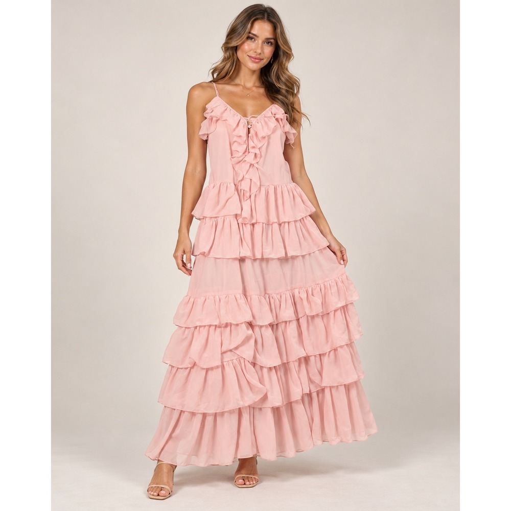Torn by Ronny Kobo Orcadia Pink Ruffle Tiered Maxi Dress Light Pink Size M NEW